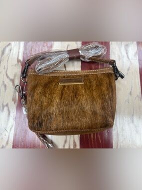 Wrangler Tan/Brown Hair on Crossbody Bag with Leather Trim purse western